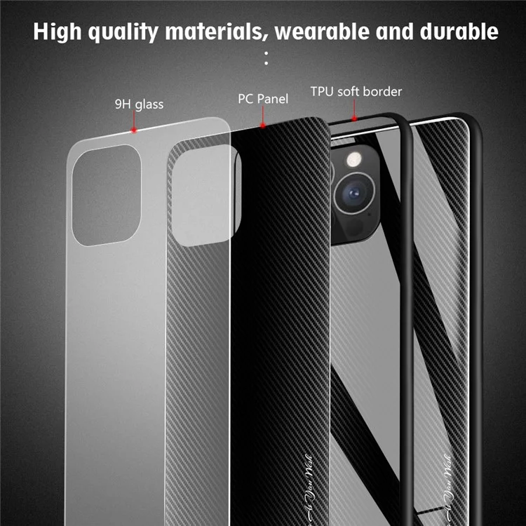 Conception de Texture en Fibre de Carbone Back en Verre Trempé + TPU Edge Hybrid Cell Telephone Case Pour Iphone 13 Pro 6.1 Pouces - le Noir