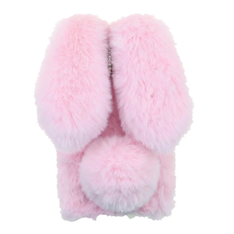 Soft Handmade Fluffy Furry Cute Bunny Stylish Case Rhinestone Bow Knot TPU Shell for iPhone 13 6.1 inch - Pink