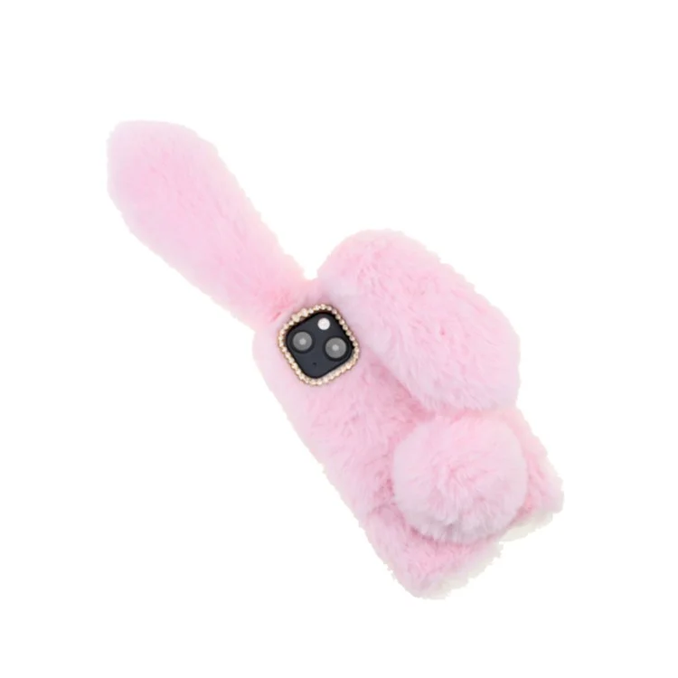Soft Handmade Fluffy Furry Cute Bunny Stylish Case Rhinestone Bow Knot TPU Shell for iPhone 13 6.1 inch - Pink