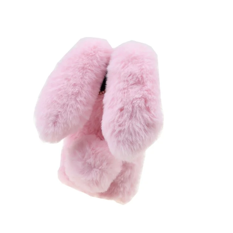 Soft Handmade Fluffy Furry Cute Bunny Stylish Case Rhinestone Bow Knot TPU Shell for iPhone 13 6.1 inch - Pink