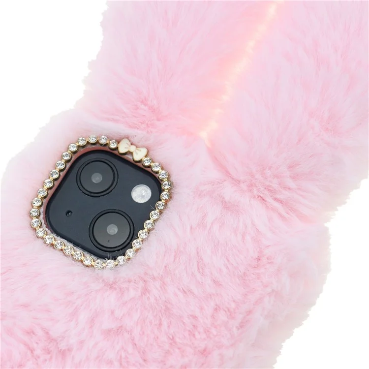 Soft Handmade Fluffy Furry Cute Bunny Stylish Case Rhinestone Bow Knot TPU Shell for iPhone 13 6.1 inch - Pink