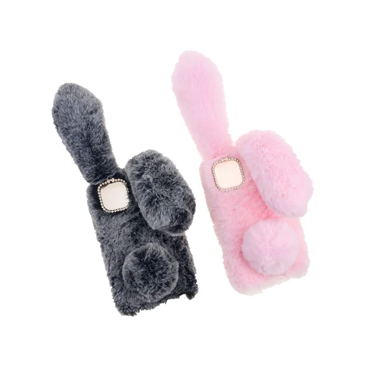 Soft Handmade Fluffy Furry Cute Bunny Stylish Case Rhinestone Bow Knot TPU Shell for iPhone 13 6.1 inch - Pink