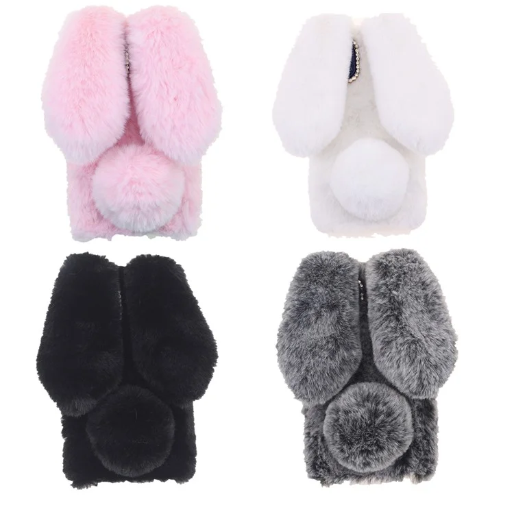 Soft Handmade Fluffy Furry Cute Bunny Stylish Case Rhinestone Bow Knot TPU Shell for iPhone 13 6.1 inch - Pink