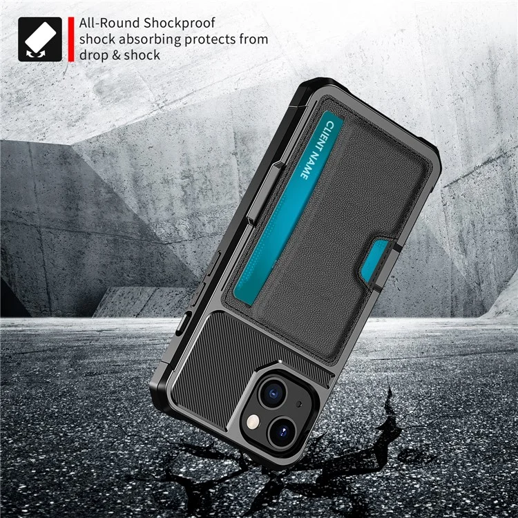 ZM02 Card Slot Design Shockproof PU Leather Coated TPU Phone Case Hybrid Cover for iPhone 13 6.1 inch - Black