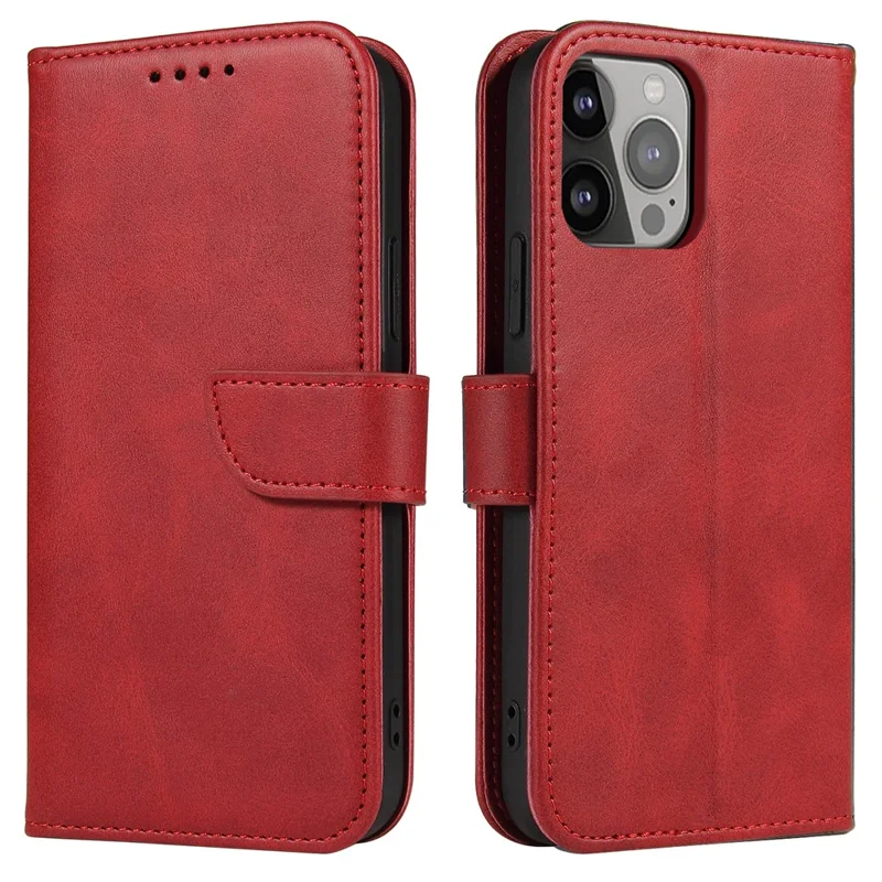 Quality PU Leather + TPU Phone Case Wallet Design Phone Cover for iPhone 13 6.1 inch - Red