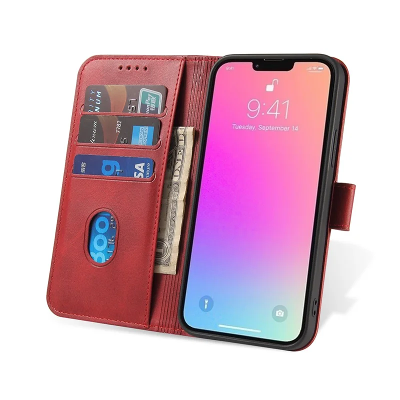 Quality PU Leather + TPU Phone Case Wallet Design Phone Cover for iPhone 13 6.1 inch - Red