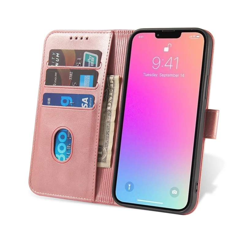 Quality PU Leather + TPU Phone Case Wallet Design Phone Cover for iPhone 13 6.1 inch - Rose Gold