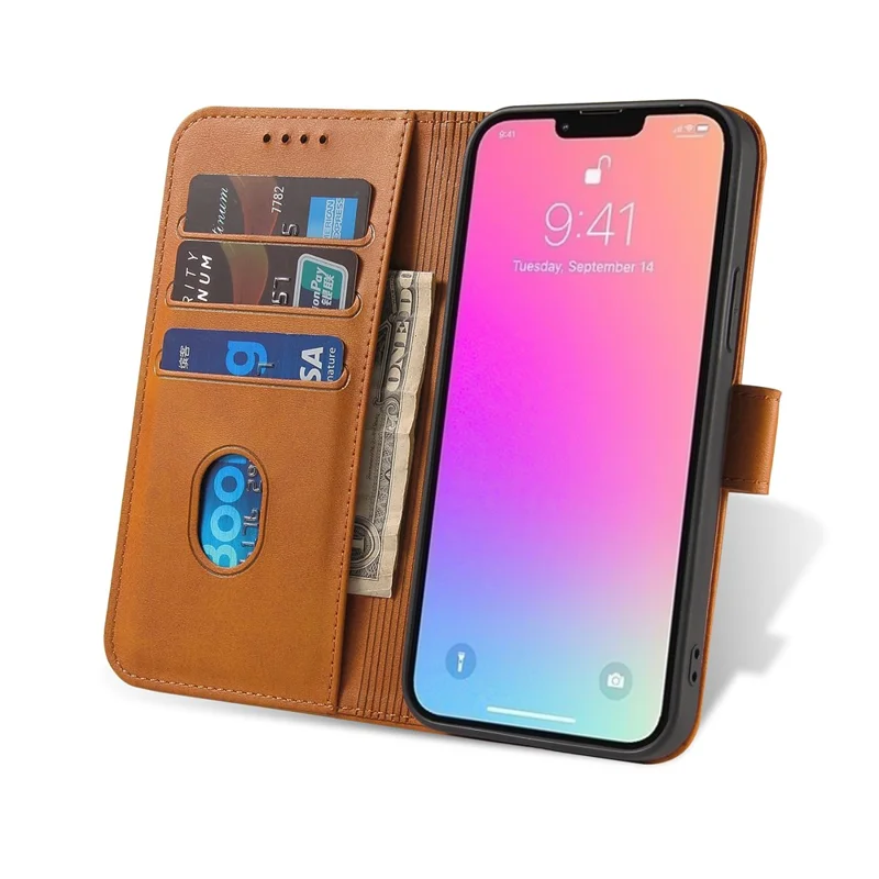 Quality PU Leather + TPU Phone Case Wallet Design Phone Cover for iPhone 13 6.1 inch - Light Brown