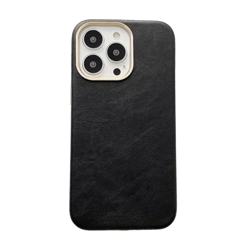 PU Leather Coated PC Case Phone Back Cover Protector for iPhone 13 Pro 6.1 inch - Black