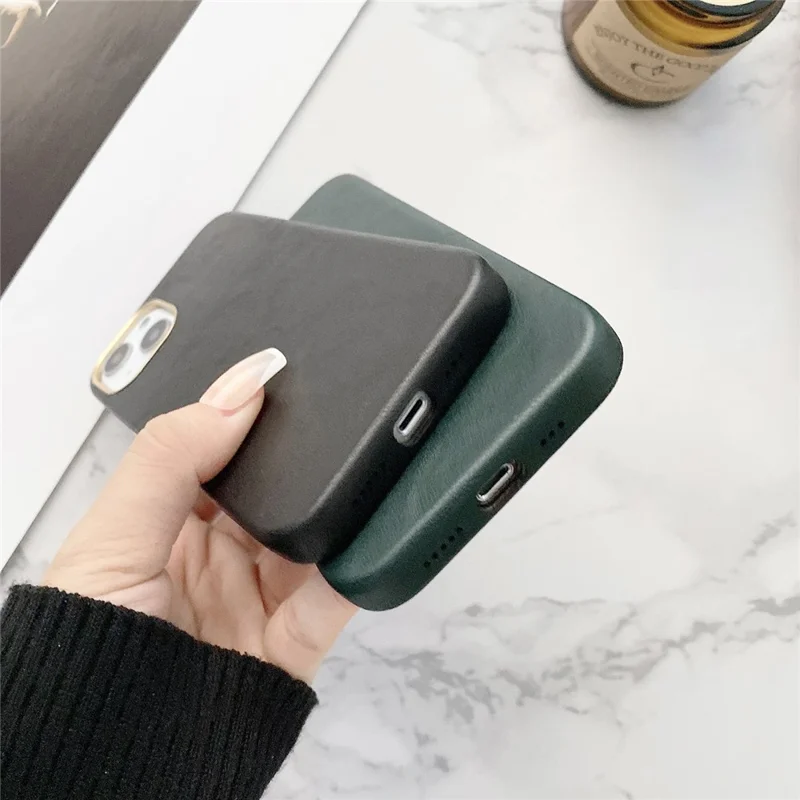 PU Leather Coated PC Case Phone Back Cover Protector for iPhone 13 Pro 6.1 inch - Black