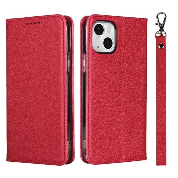Shockproof Phone Case Full Protection Silk Texture Leather Wallet Cover with Strap for iPhone 13 6.1 inch - Red