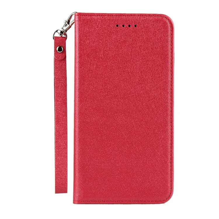 Shockproof Phone Case Full Protection Silk Texture Leather Wallet Cover with Strap for iPhone 13 6.1 inch - Red