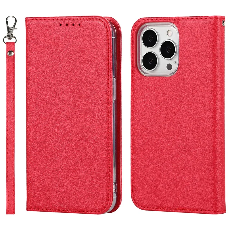 For iPhone 13 Pro 6.1 inch Anti-scratch Phone Case Full Protection Silk Texture Leather Wallet Cover with Strap - Red
