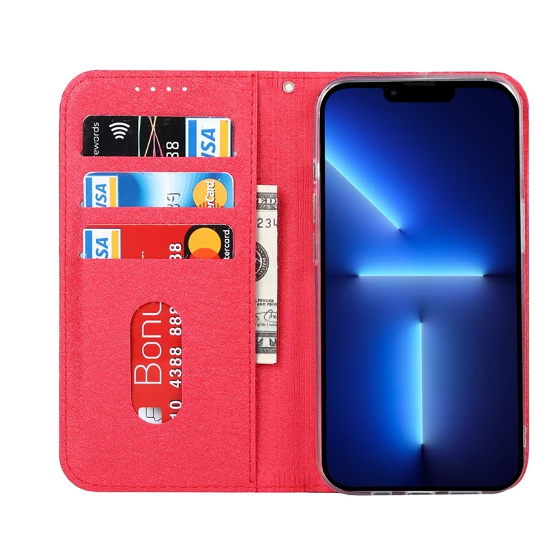 For iPhone 13 Pro 6.1 inch Anti-scratch Phone Case Full Protection Silk Texture Leather Wallet Cover with Strap - Red