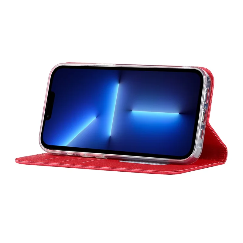 For iPhone 13 Pro 6.1 inch Anti-scratch Phone Case Full Protection Silk Texture Leather Wallet Cover with Strap - Red