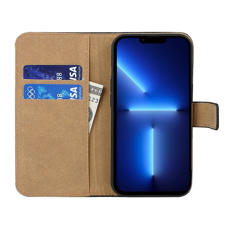 Genuine Leather Anti-Scratch Phone Cover Dust-Proof Stand Phone Case with Wallet for iPhone 13 6.1 inch