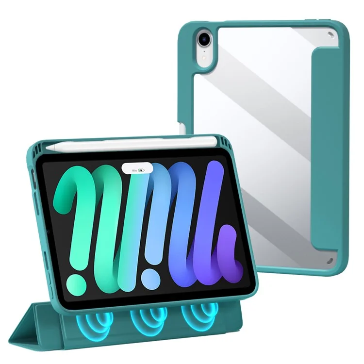 For iPad mini (2024) / mini (2021) Shockproof Case PU Leather Magnetic Tablet Cover Transparent Back Tablet Protector with Pencil Holder Support Auto Wake / Sleep - Green