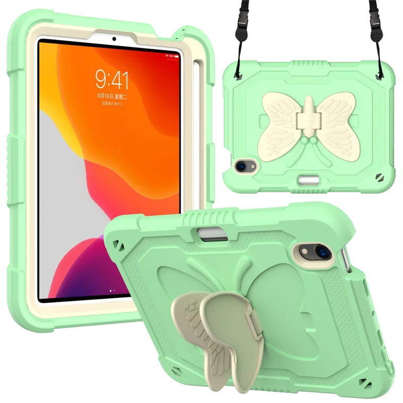 Color Splicing Butterfly Shape Kickstand Tablet Protective Case Cover with Shoulder Strap for iPad mini (2024) / mini (2021) - Beige / Green