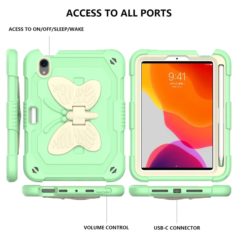 Color Splicing Butterfly Shape Kickstand Tablet Protective Case Cover with Shoulder Strap for iPad mini (2024) / mini (2021) - Beige / Green