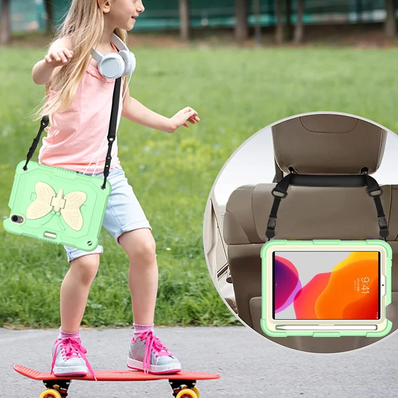Color Splicing Butterfly Shape Kickstand Tablet Protective Case Cover with Shoulder Strap for iPad mini (2024) / mini (2021) - Beige / Green