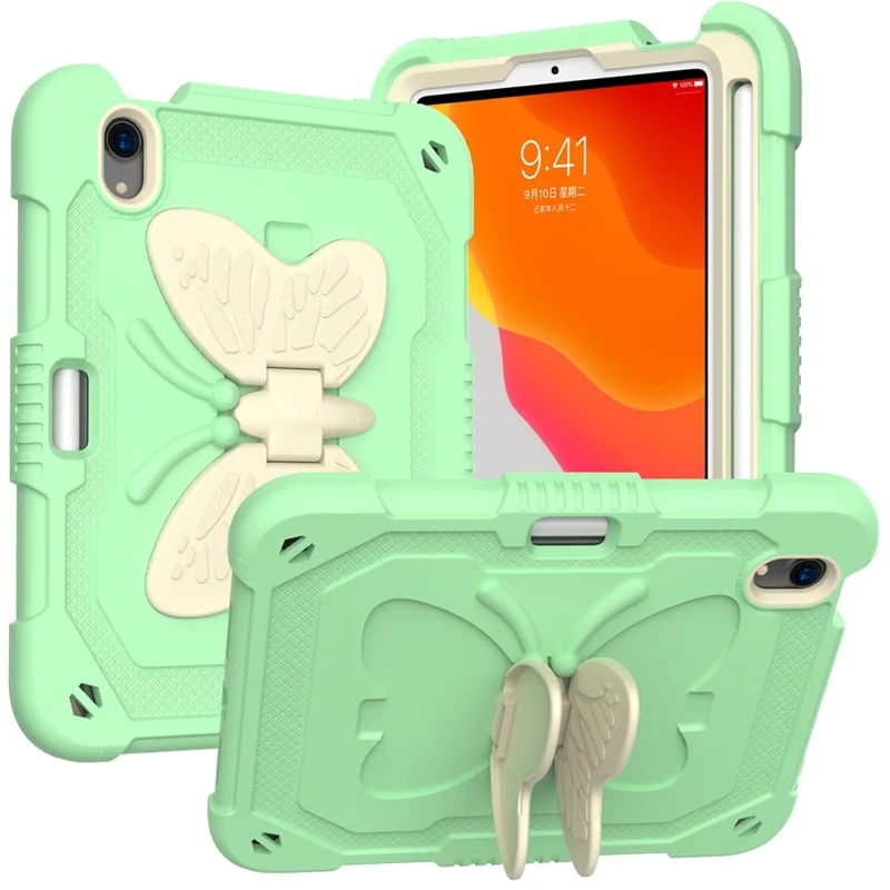 Color Splicing Butterfly Shape Kickstand Tablet Protective Case Cover with Shoulder Strap for iPad mini (2024) / mini (2021) - Beige / Green