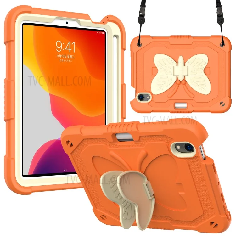 Color Splicing Butterfly Shape Kickstand Tablet Protective Case Cover with Shoulder Strap for iPad mini (2024) / mini (2021) - Beige / Orange