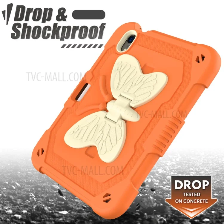Color Splicing Butterfly Shape Kickstand Tablet Protective Case Cover with Shoulder Strap for iPad mini (2024) / mini (2021) - Beige / Orange