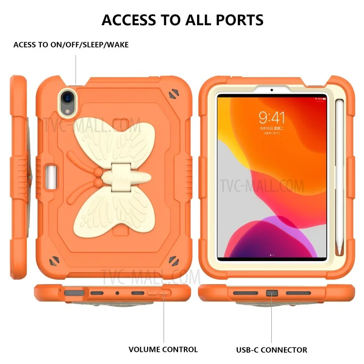 Color Splicing Butterfly Shape Kickstand Tablet Protective Case Cover with Shoulder Strap for iPad mini (2024) / mini (2021) - Beige / Orange