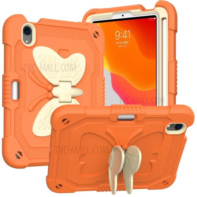 Color Splicing Butterfly Shape Kickstand Tablet Protective Case Cover with Shoulder Strap for iPad mini (2024) / mini (2021) - Beige / Orange