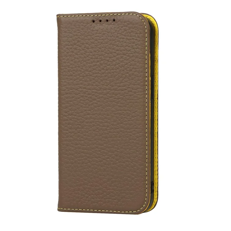 Litchi Texture TPU y Genuina Billetera de Tapa de Cuero Case de Teléfono Con Correa Para Iphone 13 Mini 5.4 Pulgadas - Caqui