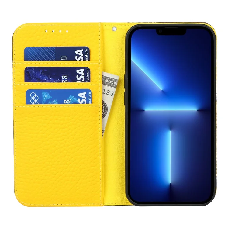 Litchi Texture TPU y Genuina Billetera de Tapa de Cuero Case de Teléfono Con Correa Para Iphone 13 Mini 5.4 Pulgadas - Caqui