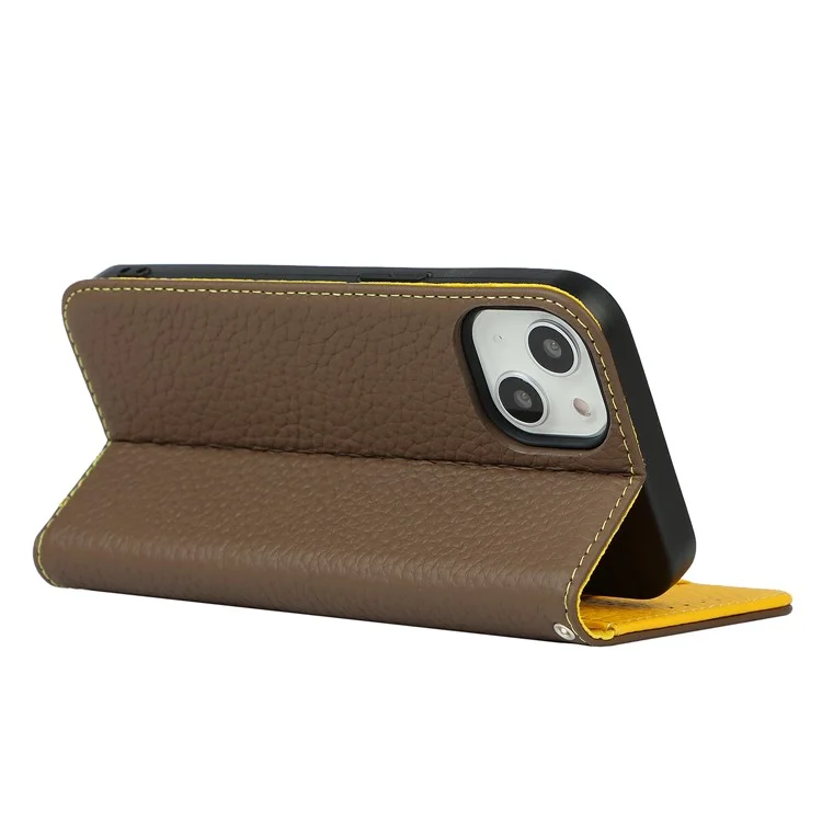 Litchi Texture TPU y Genuina Billetera de Tapa de Cuero Case de Teléfono Con Correa Para Iphone 13 Mini 5.4 Pulgadas - Caqui
