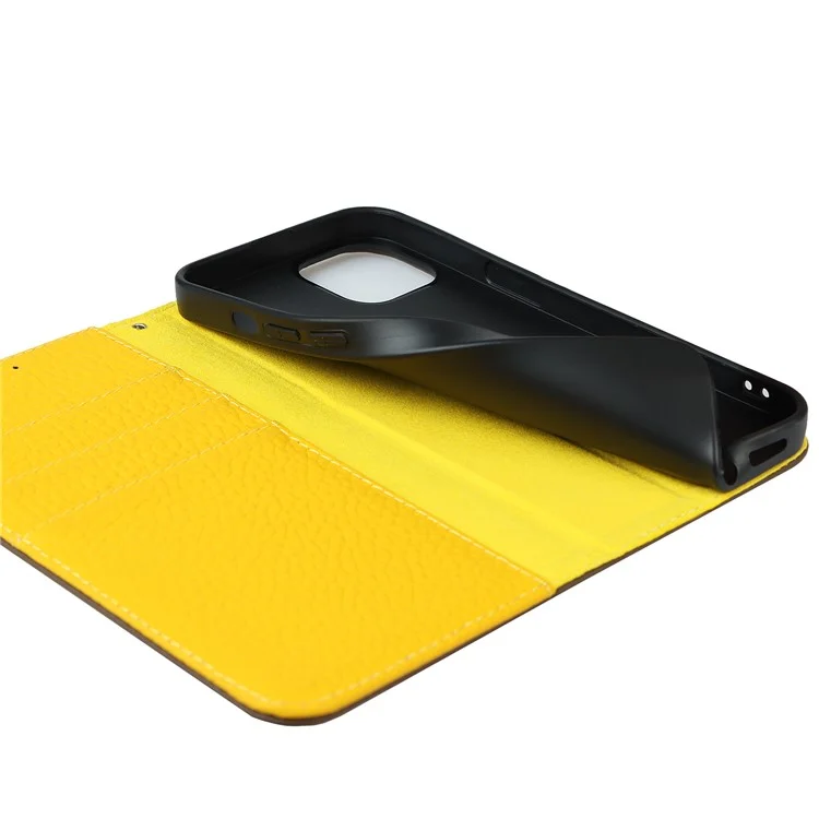 Litchi Texture TPU y Genuina Billetera de Tapa de Cuero Case de Teléfono Con Correa Para Iphone 13 Mini 5.4 Pulgadas - Caqui