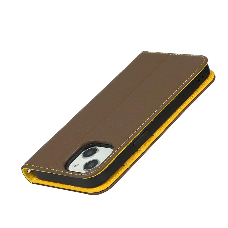 Litchi Texture TPU y Genuina Billetera de Tapa de Cuero Case de Teléfono Con Correa Para Iphone 13 Mini 5.4 Pulgadas - Caqui