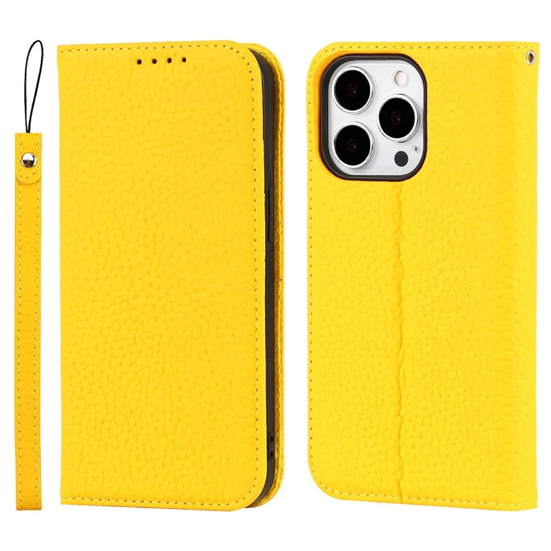 Genuine Leather Litchi Texture Phone Cover Wallet Stand Phone Case with Strap for iPhone 13 Pro 6.1 inch - Yellow