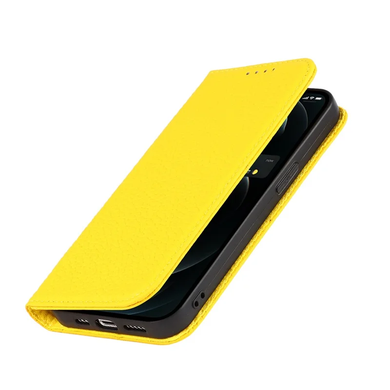 Genuine Leather Litchi Texture Phone Cover Wallet Stand Phone Case with Strap for iPhone 13 Pro 6.1 inch - Yellow