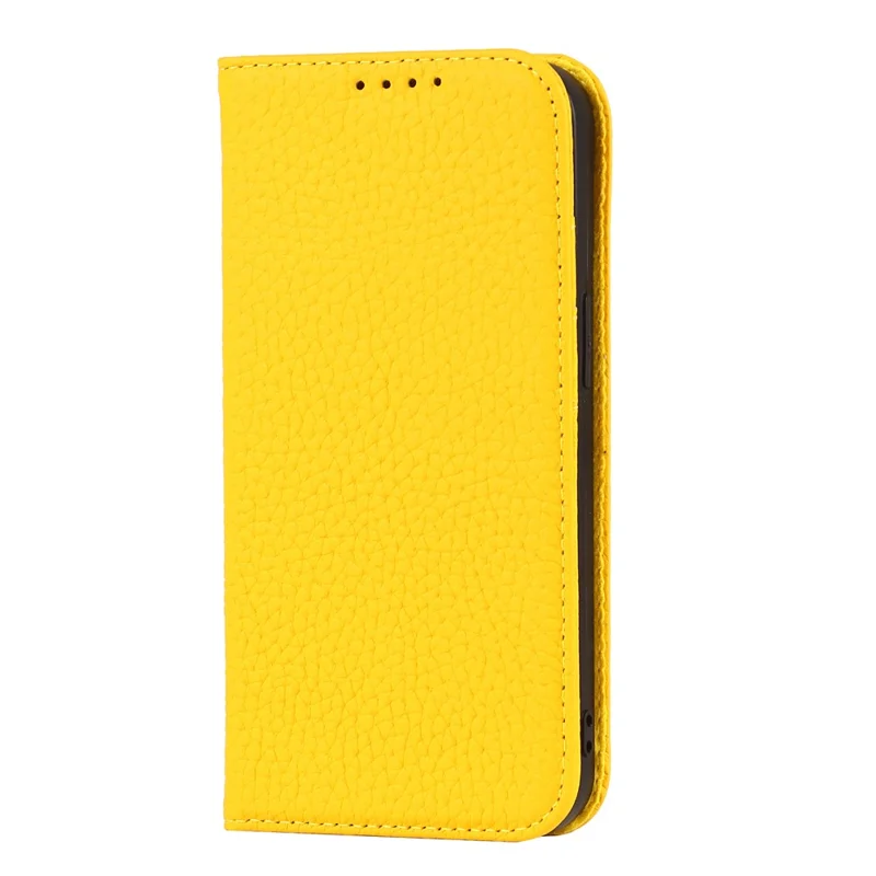 Genuine Leather Litchi Texture Phone Cover Wallet Stand Phone Case with Strap for iPhone 13 Pro 6.1 inch - Yellow