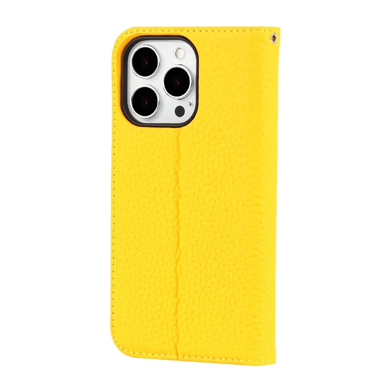 Genuine Leather Litchi Texture Phone Cover Wallet Stand Phone Case with Strap for iPhone 13 Pro 6.1 inch - Yellow