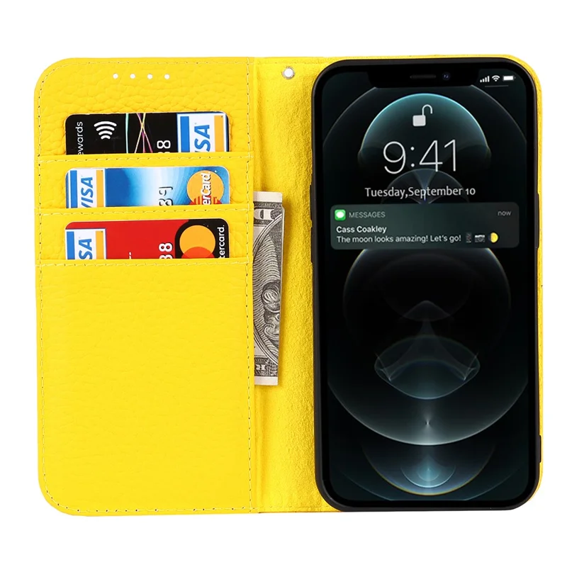 Genuine Leather Litchi Texture Phone Cover Wallet Stand Phone Case with Strap for iPhone 13 Pro 6.1 inch - Yellow