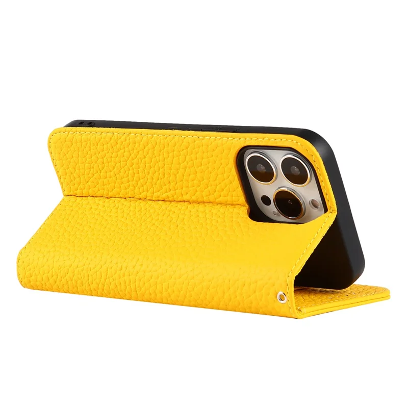 Genuine Leather Litchi Texture Phone Cover Wallet Stand Phone Case with Strap for iPhone 13 Pro 6.1 inch - Yellow