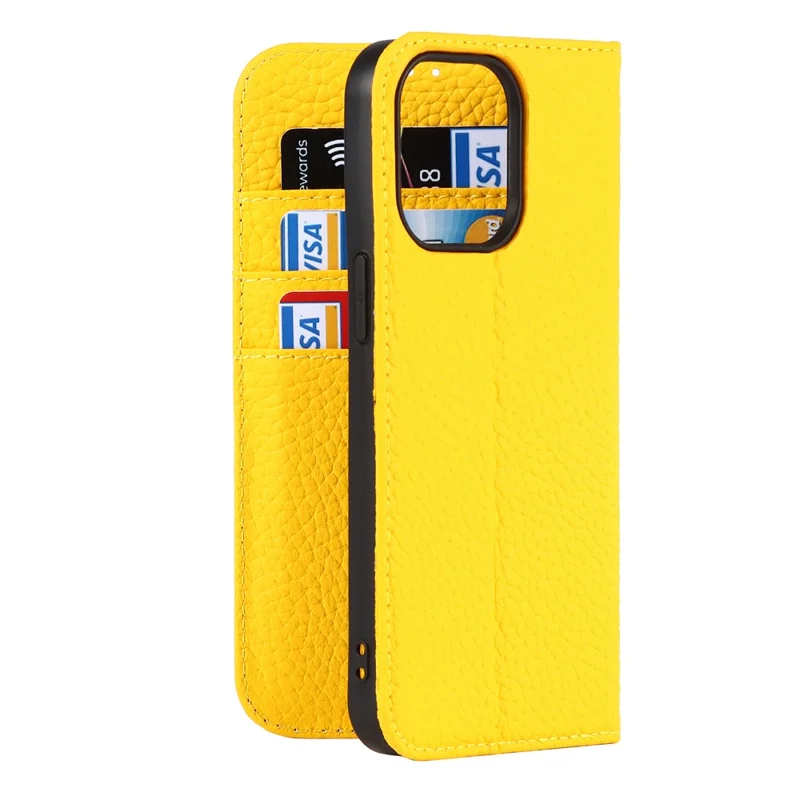 Genuine Leather Litchi Texture Phone Cover Wallet Stand Phone Case with Strap for iPhone 13 Pro 6.1 inch - Yellow
