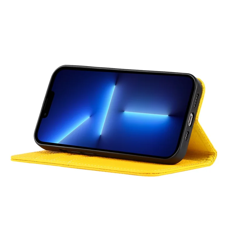 Genuine Leather Litchi Texture Phone Cover Wallet Stand Phone Case with Strap for iPhone 13 Pro 6.1 inch - Yellow