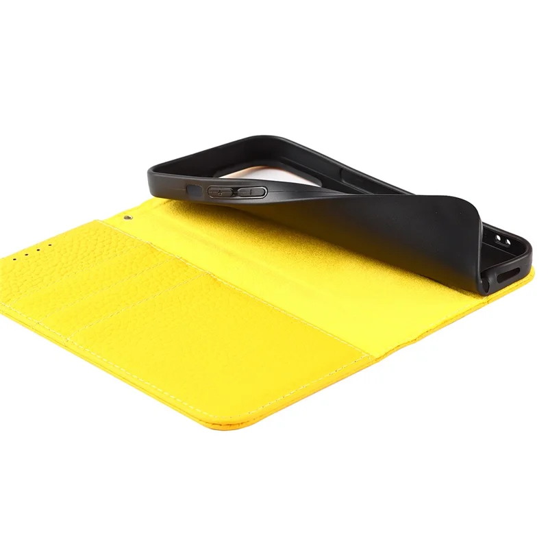 Genuine Leather Litchi Texture Phone Cover Wallet Stand Phone Case with Strap for iPhone 13 Pro 6.1 inch - Yellow