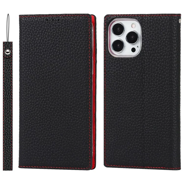 Litchi Texture Genuine Leather Cover Wallet Stand Flip Phone Case with Strap for iPhone 13 Pro 6.1 inch - Black