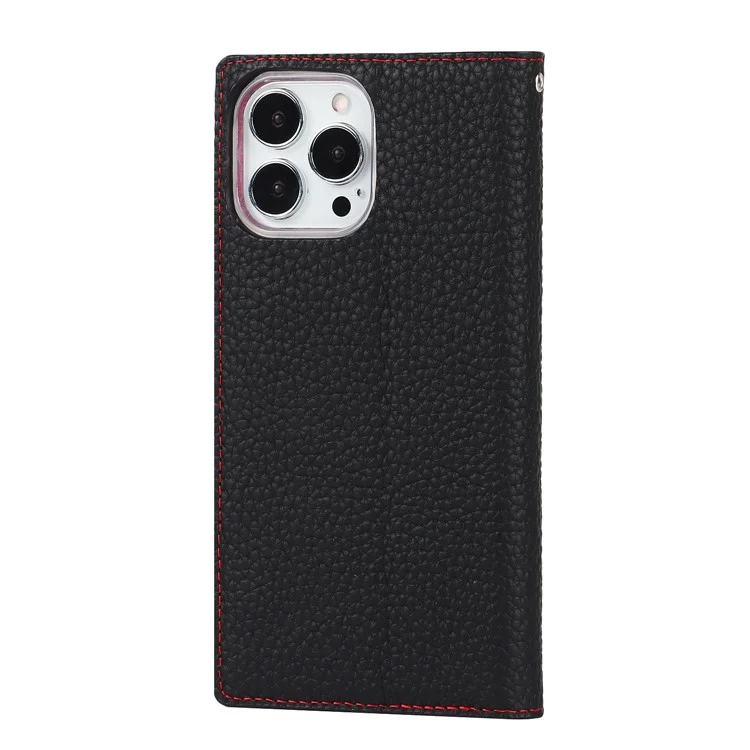 Litchi Texture Genuine Leather Cover Wallet Stand Flip Phone Case with Strap for iPhone 13 Pro 6.1 inch - Black