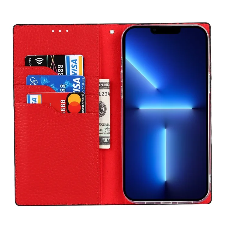 Litchi Texture Genuine Leather Cover Wallet Stand Flip Phone Case with Strap for iPhone 13 Pro 6.1 inch - Black