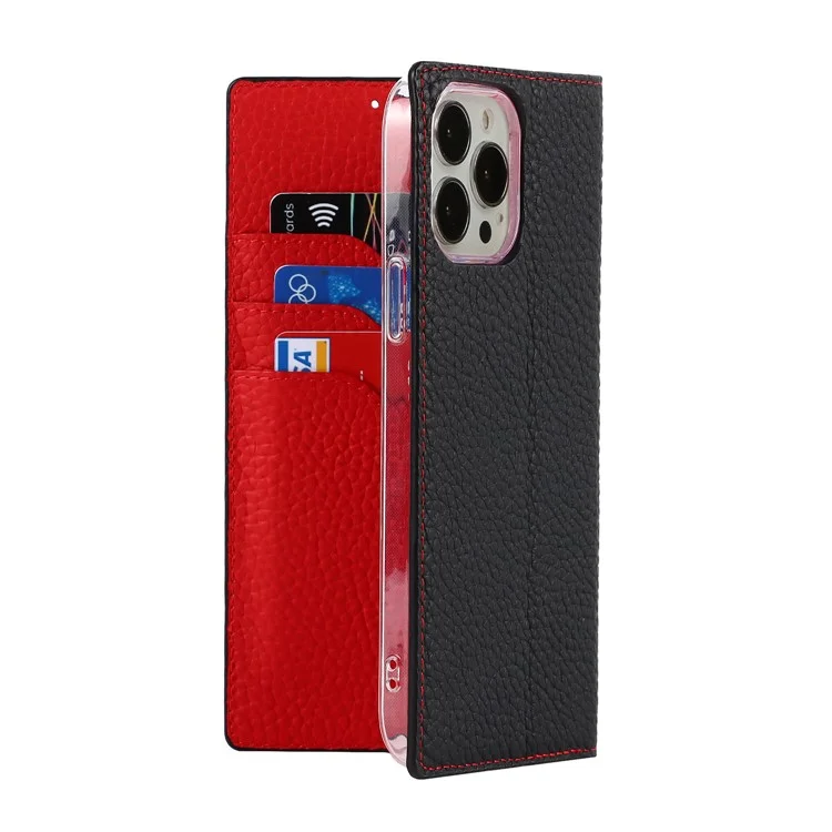 Litchi Texture Genuine Leather Cover Wallet Stand Flip Phone Case with Strap for iPhone 13 Pro 6.1 inch - Black