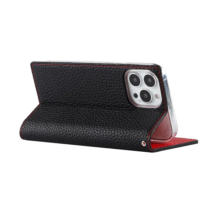 Litchi Texture Genuine Leather Cover Wallet Stand Flip Phone Case with Strap for iPhone 13 Pro 6.1 inch - Black