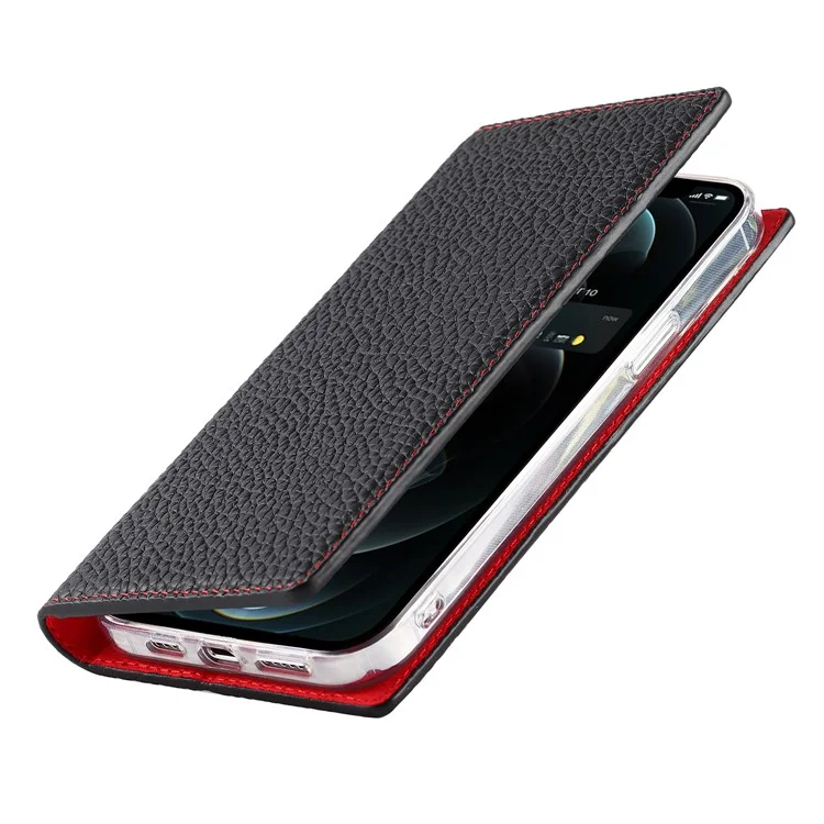 Litchi Texture Genuine Leather Cover Wallet Stand Flip Phone Case with Strap for iPhone 13 Pro 6.1 inch - Black