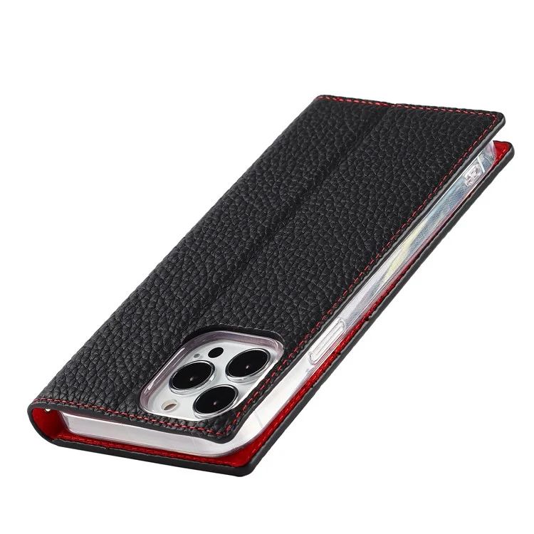 Litchi Texture Genuine Leather Cover Wallet Stand Flip Phone Case with Strap for iPhone 13 Pro 6.1 inch - Black